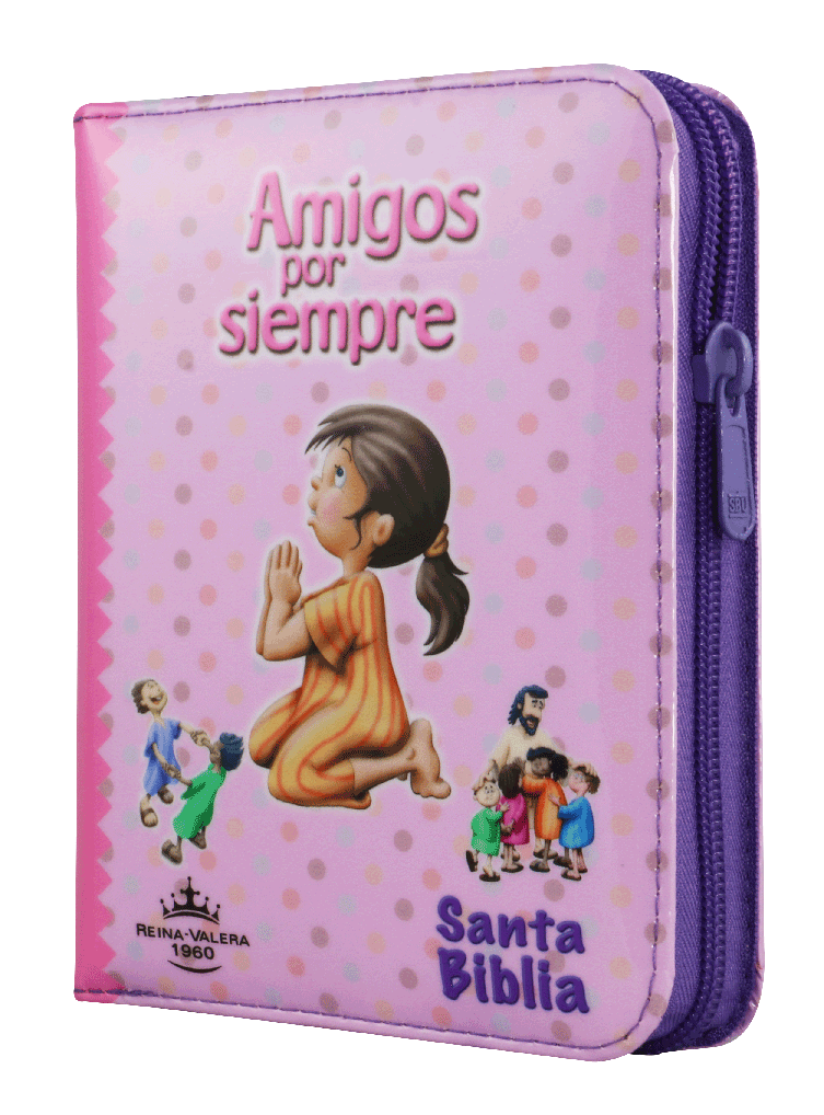 Biblia Infantil Amigos por Siempre Reina Valera 1960 Tamaño Bolsillo Letra Mediana Vinil Rosa